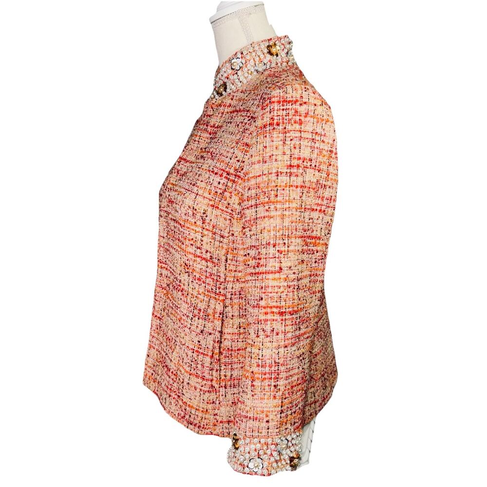 Chico's Size 0 (4/6) Embellished Pearls Tweed Woven Jacket Coral 3/4 Sleeve Coat - Picture 4 of 11